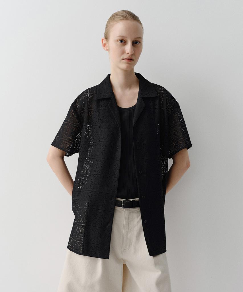 Ia Open Collar Lace Shirt (Black)