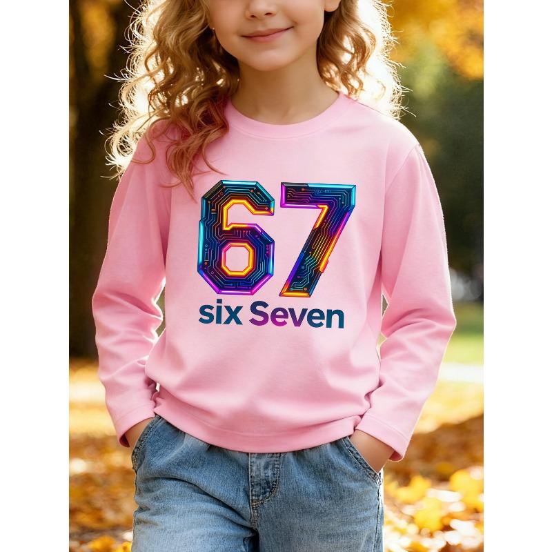 Unisex Kids White Long Sleeve Tee For 4-12 Boys Girls Tech Circuit Neon Gradient 3D Number 67 Six Seven Text Print Soft Cotton Long Sleeve Top