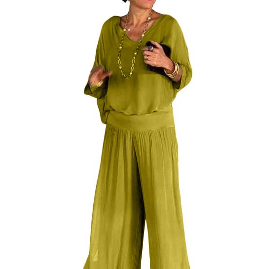 2 pezzi/set top da donna pantaloni tuta ampia scollo a V pieghettato gamba larga tinta unita sciolto morbido vita alta elastica maniche a tre quarti pipistrello casual quotidiano top