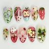24Pcs 3D Strawberry Rabbit Flower Fake Nails Press On Mid-length Almond Wearable False Nails Green Gradient Pearl Manicure Tips