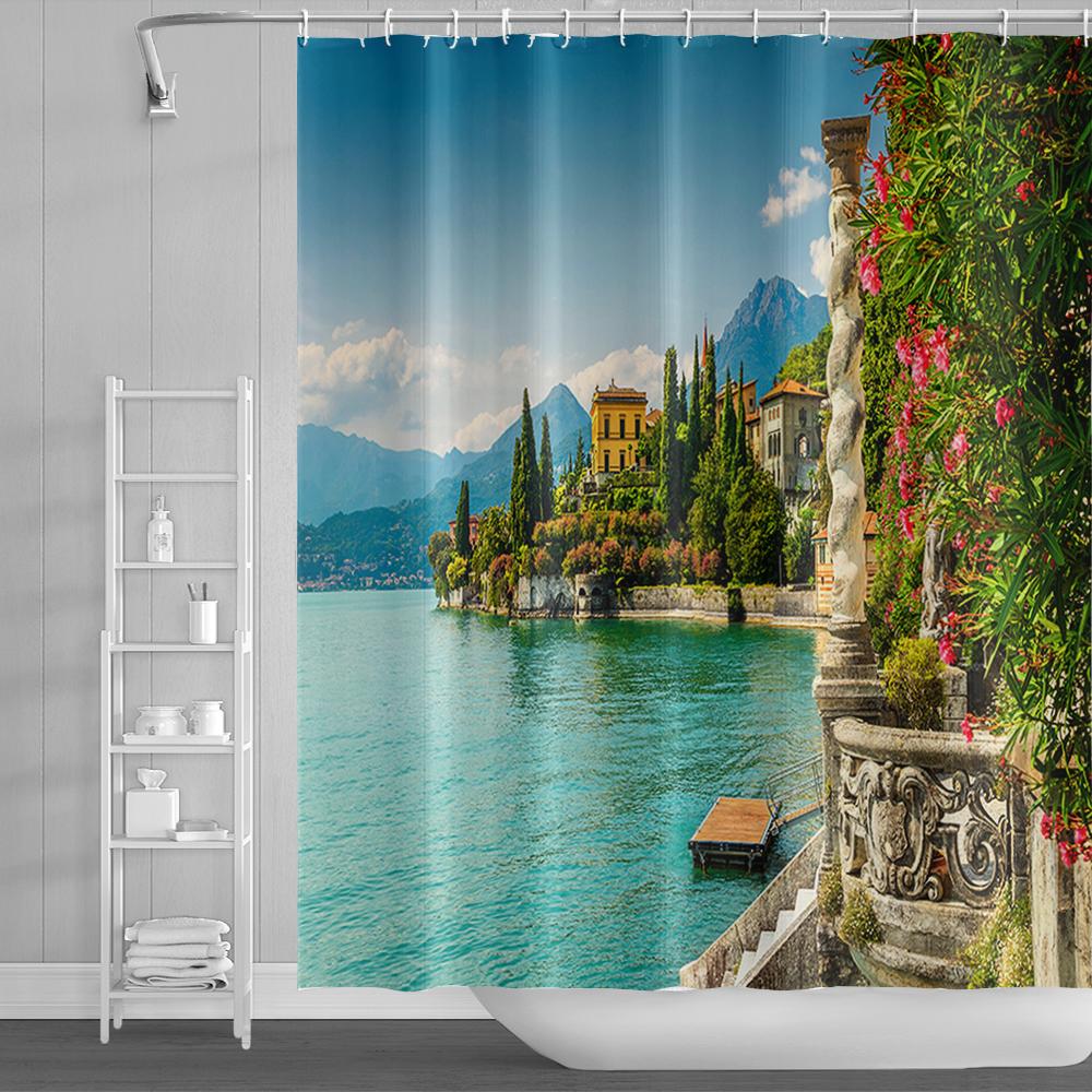 Natural Scenery Shower Curtains Seaside Mountain Landscape Bathroom Waterproof Polyester Bath Curtain Home Decoration With Hooks