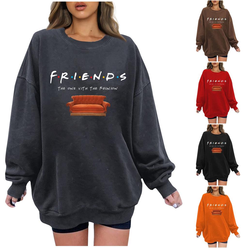 Women's Fashion Casual Long Sleeve Letter Printed Loose Round Neck Pullover Shirt