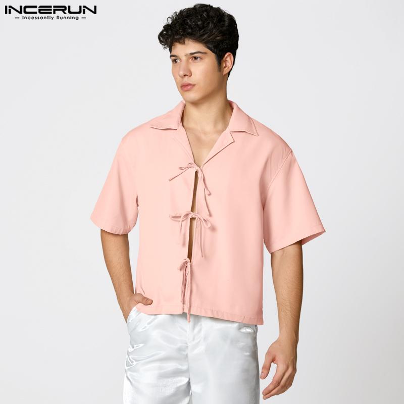 INCERUN Camisas Casuales de Verano para Hombre con Cuello Solapa, Manga Corta, Caladas y de Vendaje
