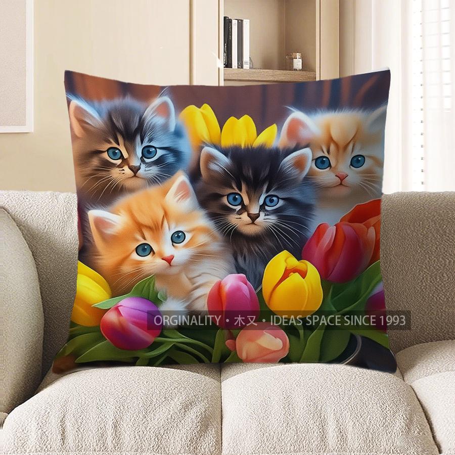 Home Decor Cute Kittens With Flowers And Butterflies Pillow Pattern Cushion Cover Suitable For Sofa Bedroom Car Pillow Cover