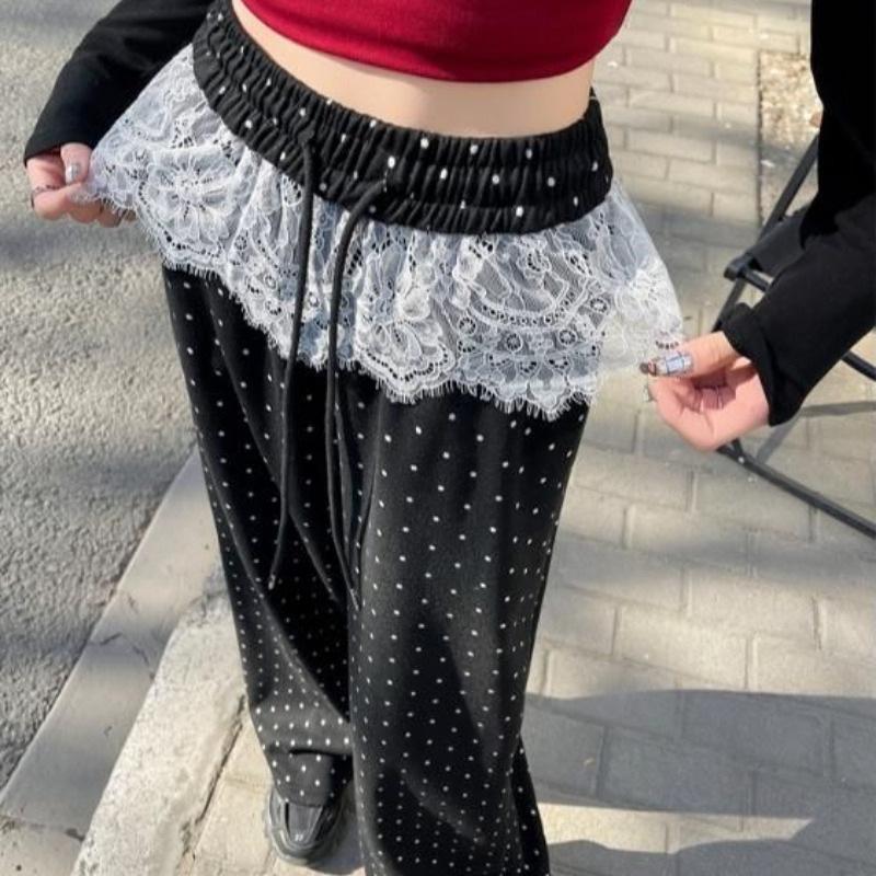 Lace Patchwork Polka Dot Wide-Leg Pants for Women - 2025 Spring/Autumn Casual Loose Straight Floor-Length Design