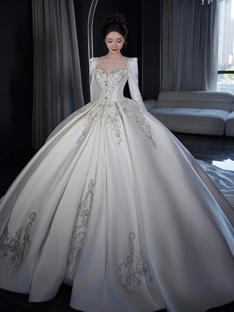 Elegant Long Sleeve Satin Wedding Dress for plus Size Pregnant Women Outgoing Vintage Slimming Winter Wear Korean Style