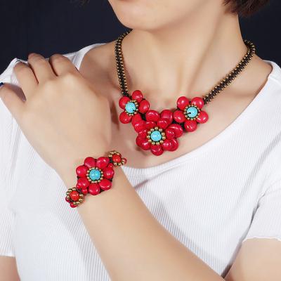 Vintage Bohemian Ethnic Style Flower Necklace Women's Collarbone Chain Turquoise Short Neck Chain Bracelet Set