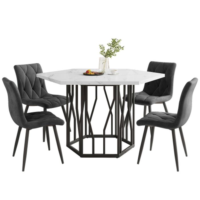Ensemble salle à manger - Moderne - Table hexagonale en marbre - 4 chaises en velours gris - 5 pièces