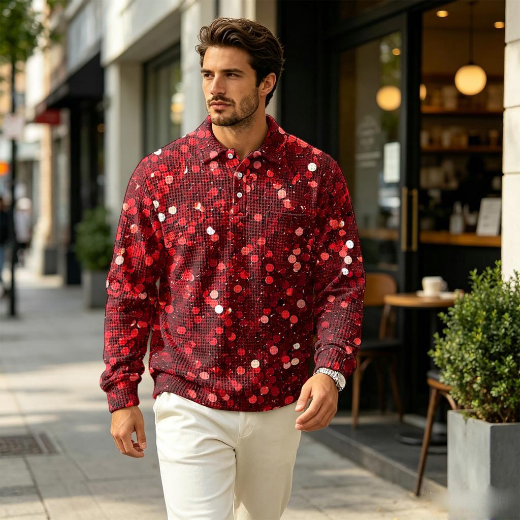 Men's Knit Long Sleeve Pullover Top with Collar and Pocket, Casual Outdoor Christmas Print for Fall