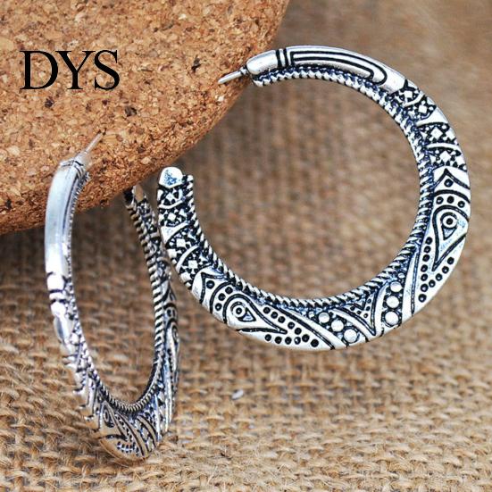 Vintage Big Circle Tibetan Carving Hoop Earrings Women Statement Jewelry Gift