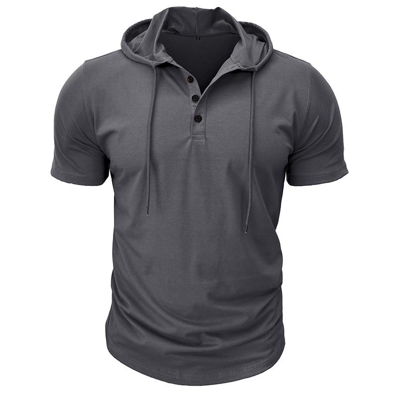 2024 Cross-Border Men's Short-Sleeve Henley Hoodie T-Shirt - European & American Style Fitness Top