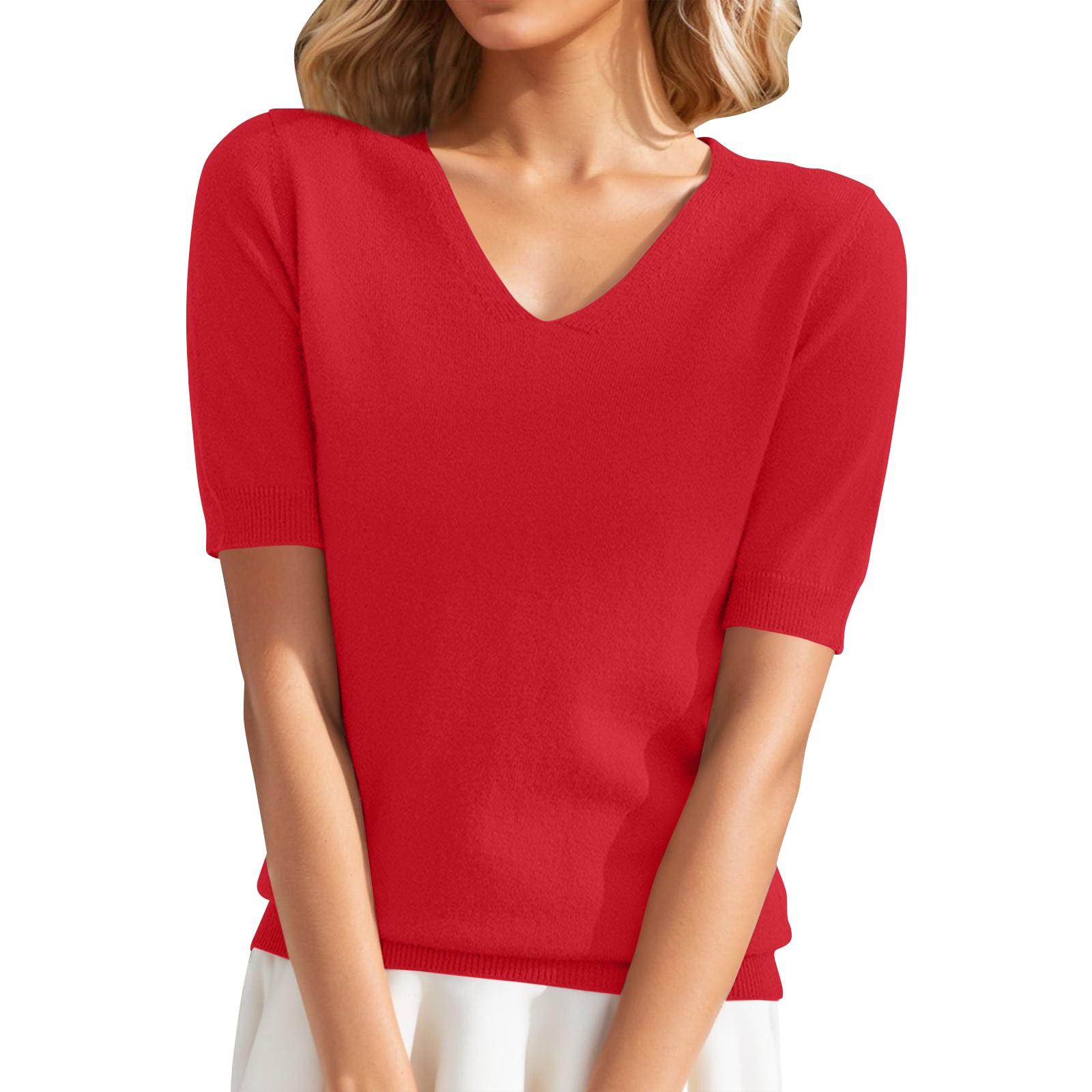 

Модный трикотаж с короткими рукавами, облегающий, с V-образным вырезом, однотонный, с рукавом пять четвертей, женский топ XXL красный