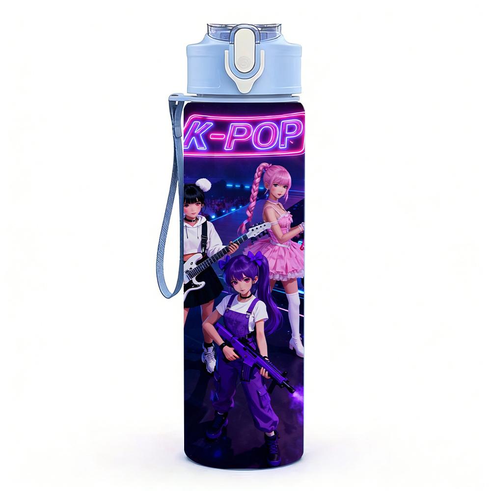 1PC Dark Neon Kpop Girl Live Stage Scene 750ml Color Plastic Water Bottle Leakproof Flip Straw Lid For Sports Office Home Use