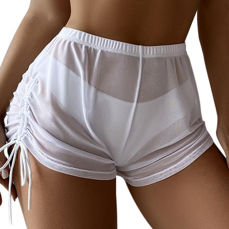 Women’s High-Waisted Mesh Bikini Bottoms, Drawstring Swim Shorts, Sexy Swimwear