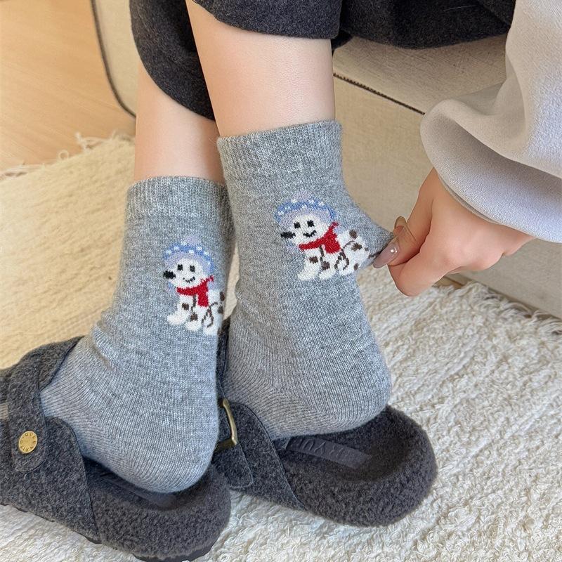 Female Autumn Winter Thickened Warm Cute Cartoon Sled Dog Wool Drum Pile Socks