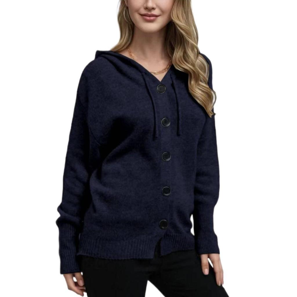 New Single-Breasted Hooded Cardigan Sweater Women's Autumn and Winter V-Neck Solid Color Knitted Sweater