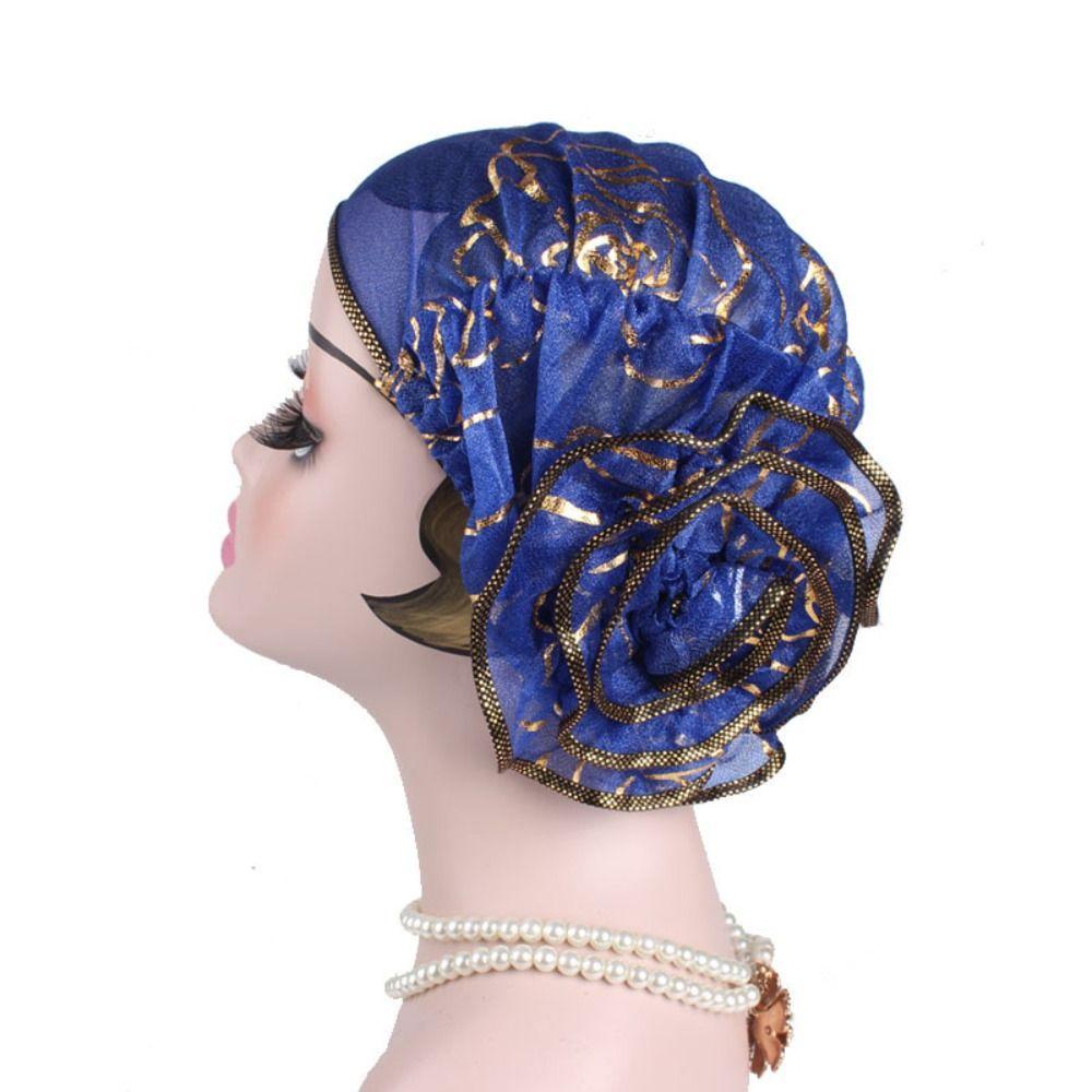 Elastic Turban Caps Bronzing Flower Casual Hair Bonnets African Women's Hat  Four Seasons