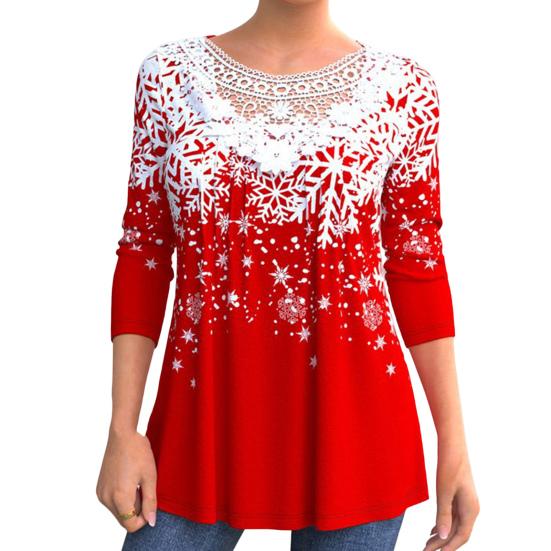 

Топ с круглым вырезом и длинными рукавами, кружевной вставкой, рождественский, женский, с темой снежинок, 3D-принтом, уличная одежда L красный