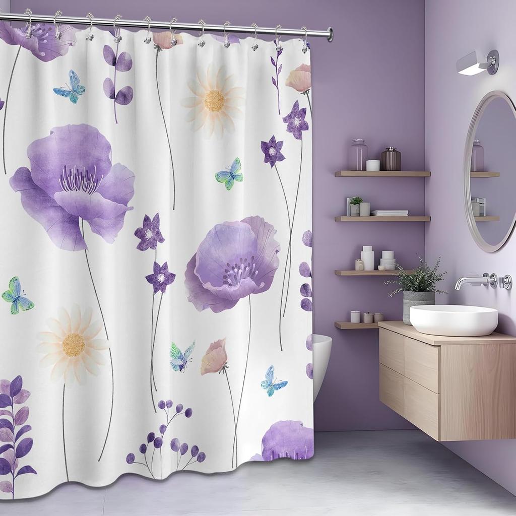 Light Purple Watercolor Floral Shower Curtain Lavender Lilac Spring Summer Modern Minimalist Flower Shower Curtains for Bathroom