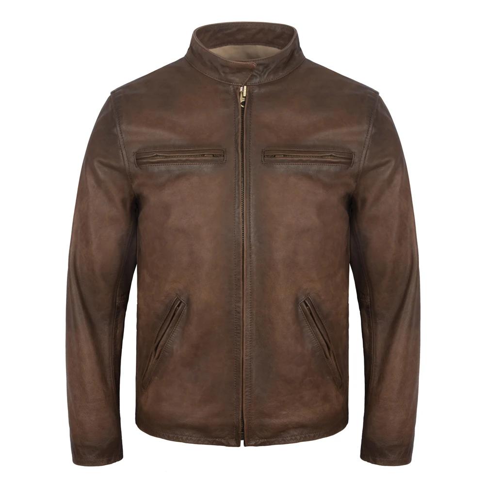 Retro Distressed Cowhide Leather Jacket Men s Real Leather Jacket Motorcycle Jacket Youth Slim Fit Unlined Coat Fashion S