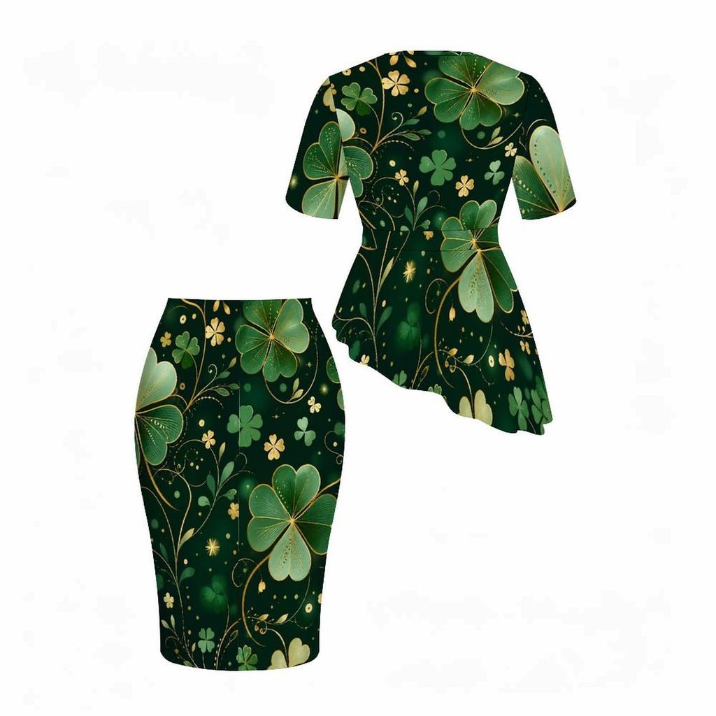 Women Plus Size Round Neck Short Sleeve Printed Navy Blue Asymmetric Top Fitted Skirt Two Piece Set