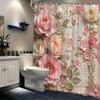 1Pc Vintage Floral Shower Curtain, Polyester Woven Fabric With Pink And Beige Roses Lace Design, Romantic Bathroom Decor, Was