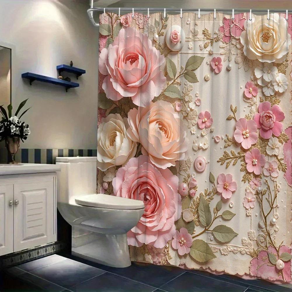 1Pc Vintage Floral Shower Curtain, Polyester Woven Fabric With Pink And Beige Roses Lace Design, Romantic Bathroom Decor, Was
