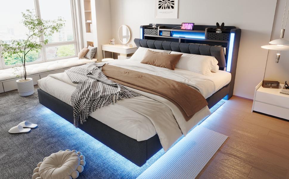 Polsterbett 160*200 mit LED-Beleuchtung und USB-Steckdose, Kopfteil mit Stauraum, Schwebendes Bett Jugendbett Erwachsenenbett, Leinenstoff, Grau