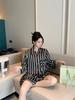 Japanese Spring and Summer New Long-sleeved Nightgown South Korean Silk Ice Silk Loose High-end Striped Boyfriend Pajamas Women's Home