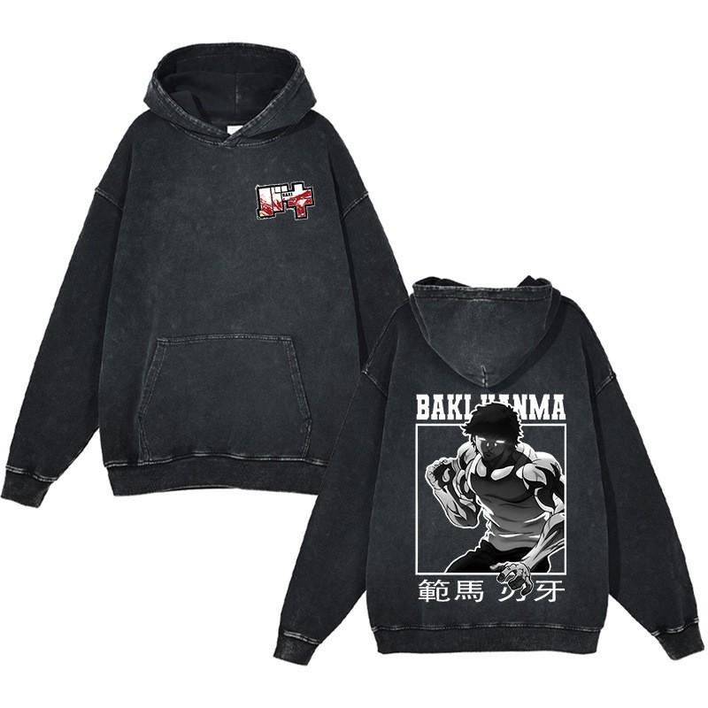 Baki Hanma Anime Streetwear Hoodie Heavyweight Cotton Washed Vintage Style Mens Long Sleeve Pullover