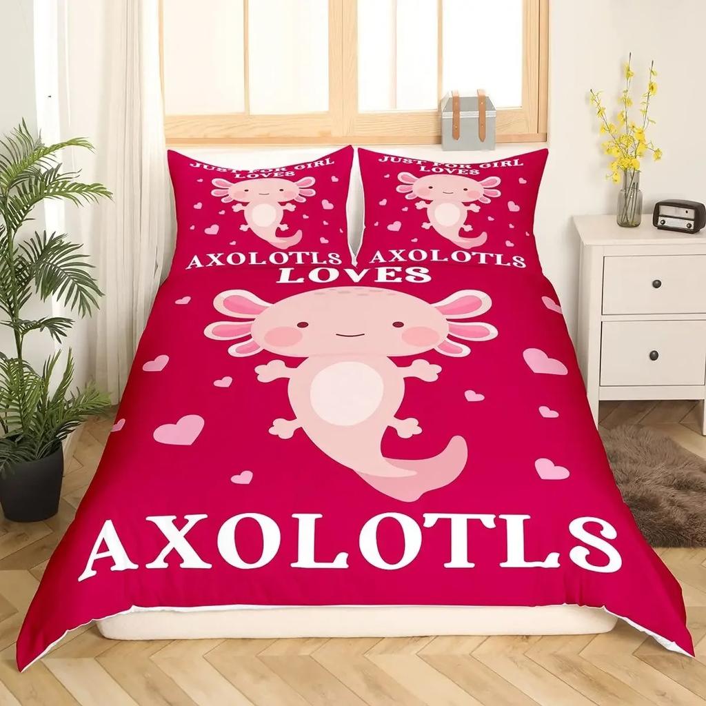 Cartoon Axolotl Duvet Cover Set KingQueen Size Kids Girls Boys Cute Rainbow Sea Wildlife Animal Reptile Polyester Bedding Set