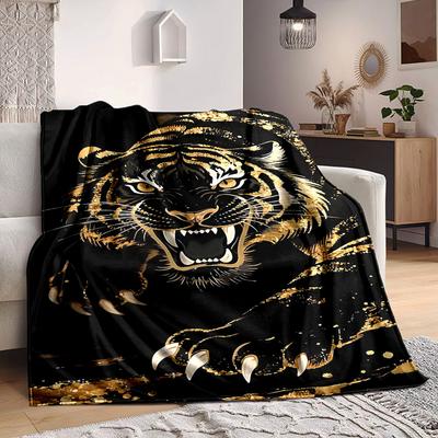 1pc Tiger Gold Print Blanket   Lightweight Flannel Throw Blanket For Sofa, Bed, Living Room, Office, Outdoor Travel, Camping