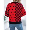 Dámský podzimní a zimní ležérní svetr s barevným kontrastem, puntíkovaným a kostkovaným vzorem a lucernovými rukávy