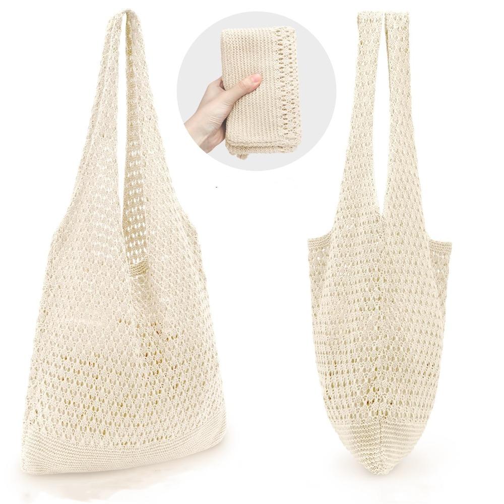 Top-handle Knitted Tote Bag Solid Color Women Crochet Handbags Big Purses Summer Beach Bag  Travel