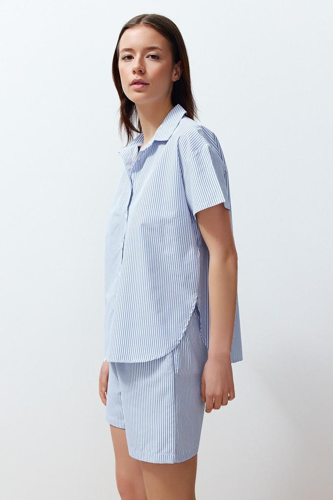 Women's Style Pajama Set Blue Cotton Striped Woven Pajama Set