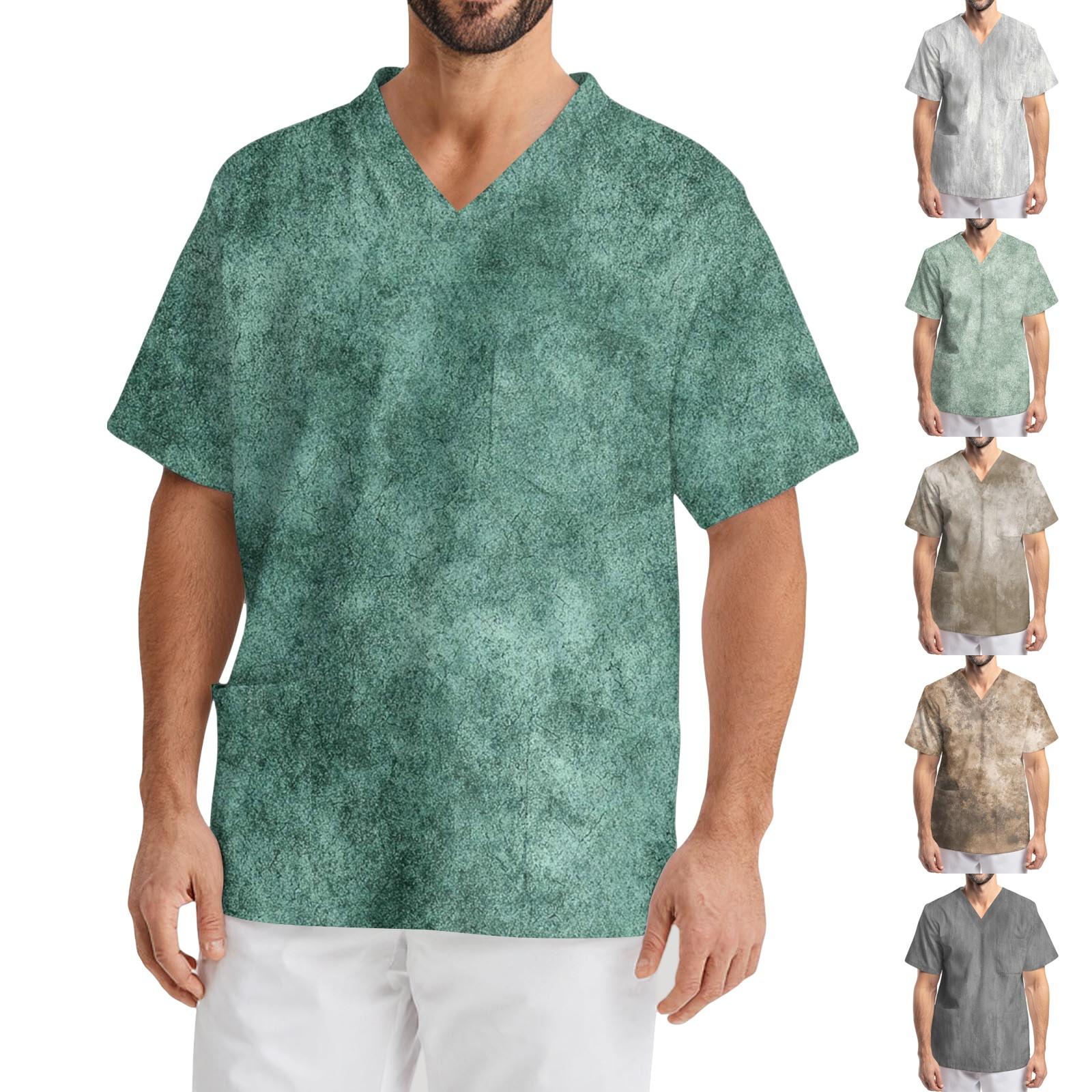 

Men s Printing Short Sleeve V-neck Working Blouse Chest Pocket Carer Top L бежевий