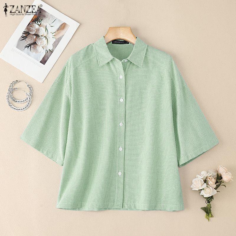 ZANZEA Women Turn Down Collar Loose Half Sleeve Casual Grid Print Blouse