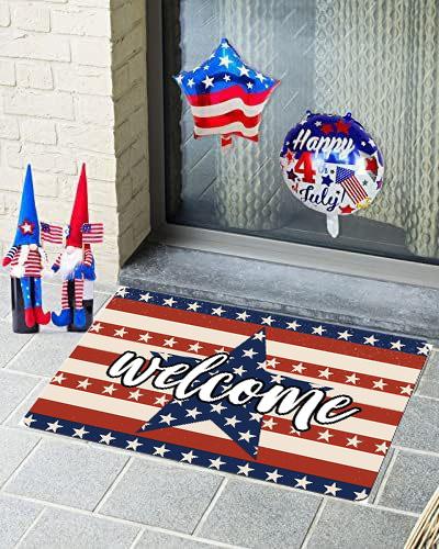 Red Striped Patriotic Day Welcome Mat Festive Home Decoration Entrance Floor Mat Kitchen and Bathroom Entrance Slipper Mat