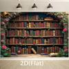 2D Romantic Library Tapestry Vintage Bookshelf with Blooming Roses and Ivy Wall Art