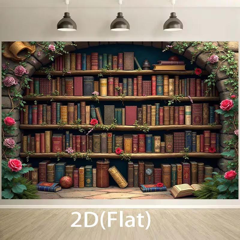 2D Romantic Library Tapestry Vintage Bookshelf with Blooming Roses and Ivy Wall Art