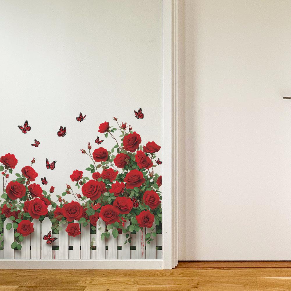 Watercolor Rose Fence and Butterfly Entrance Hall Dining Room Home Background Wall Decoration Stickers