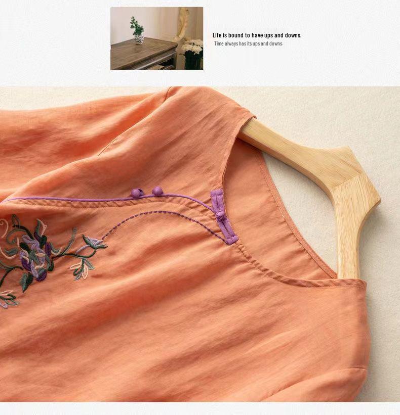 Women's 2024 Summer Cotton Linen Retro Embroidered Blouse with Frog Button and Diagonal Placket