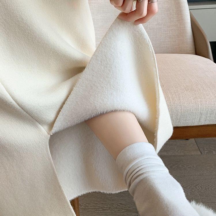 Winter Fleece Lined High Waist Thick Knit Long Skirt with Slit Straight Tube