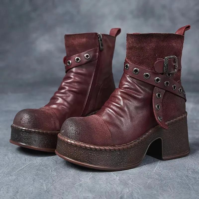 Women Motorcycle Boots Genuine Leather  New Zip Round Toe Women Shoes Sewing Handmade Retro Ankle Platform Boots