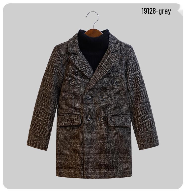 Boys' Wool Blend Plaid Overcoat with Suit Collar - Quilted, Warm, Mid-Length Trench for Autumn/Winter