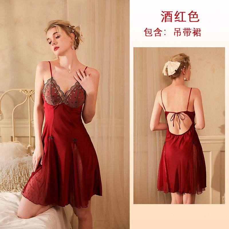 Multi-Style Pure Desire Lace Nightgown V Mesh Patchwork Satin Skin-Friendly Cami Loungewear Versatile Seductive Sleepwear with Diverse Style Options