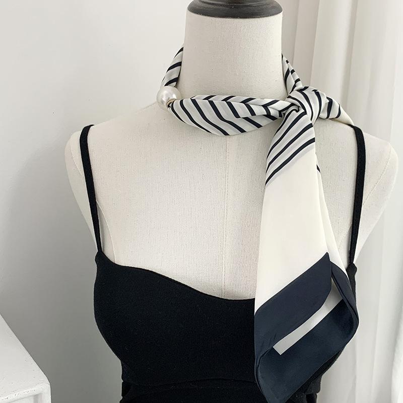Silk scarf long strip high-end new striped simple decorative scarf hair tie streamer double splicing magnetic silk scarf