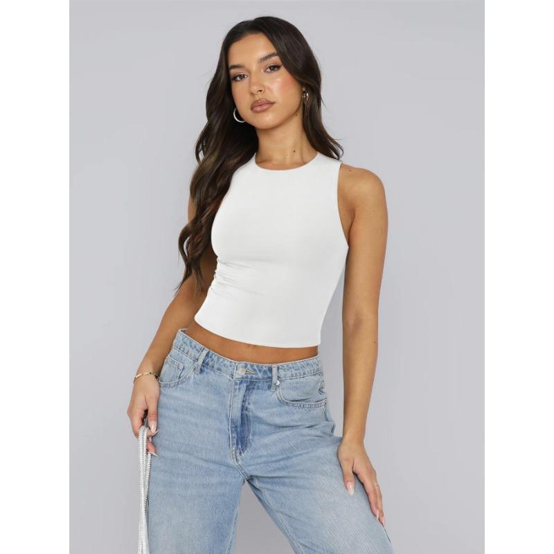 Kadın Seksi Boyunsuz Kolsuz Dar Alt Gömlek Yuvarlak Yaka Çalışma Tank Top