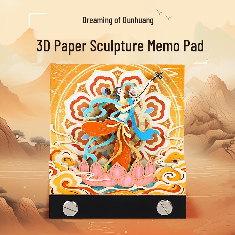 Dreaming Dunhuang 3D Paper Sculpture Sticky Note Pad - Creative Travel Souvenir Gift with Flying Apsaras Ornament 9x8x2 cm