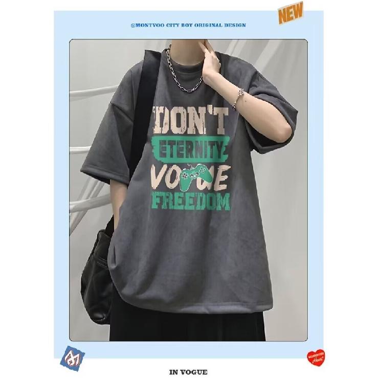 Men'S Trendy Letter Round Neck Printed Short Sleeved T-Shirt For Summer Ins Loose Casual Top